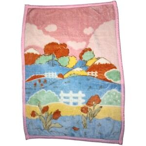 Vtg Northpoint Plush Baby Blanket Hillside View Scene‎ Acrylic Soft 31x43 htf